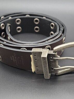 Men's Brown/Black Solid Grommet Leather Belt Adjustable Double Prong Buckle Size